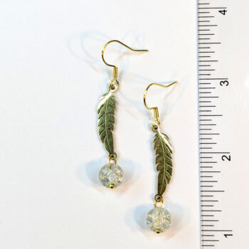 Gold Stainless Steel Slender Leaf With Glass Ball Earrings - Image 3