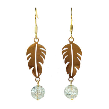 Gold Stainless Steel Leaf With Glass Ball Earrings