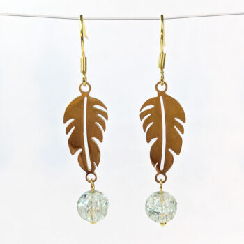 Gold Stainless Steel Leaf With Glass Ball Earrings - Image 5