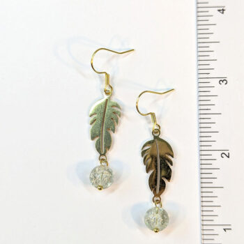 Gold Stainless Steel Leaf With Glass Ball Earrings - Image 3