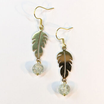 Gold Stainless Steel Leaf With Glass Ball Earrings - Image 2