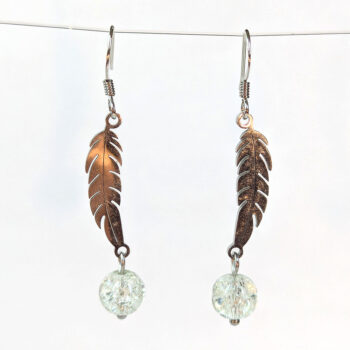 Silver Stainless Steel Slender Leaf With Glass Ball Earrings - Image 4