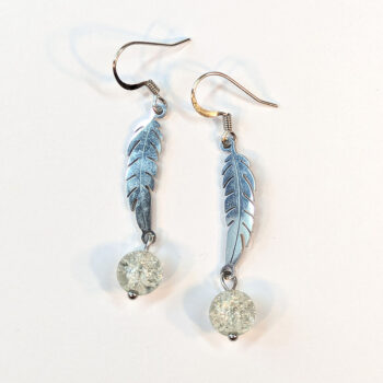 Silver Stainless Steel Slender Leaf With Glass Ball Earrings - Image 3