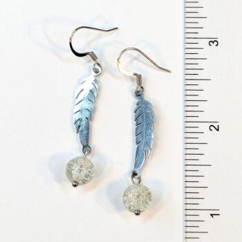 Silver Stainless Steel Slender Leaf With Glass Ball Earrings - Image 2