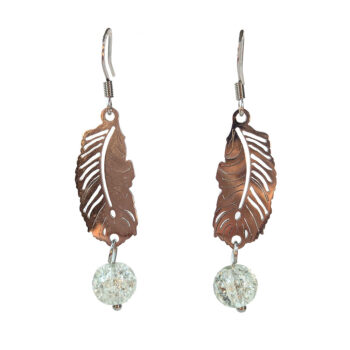 Silver Stainless Steel Leaf Feather Glass Ball Earrings