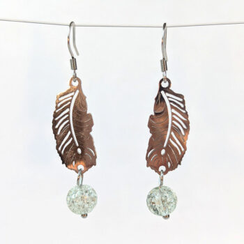 Silver Stainless Steel Leaf Feather Glass Ball Earrings - Image 5