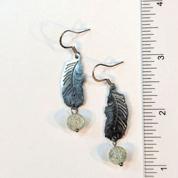 Silver Stainless Steel Leaf Feather Glass Ball Earrings - Image 4