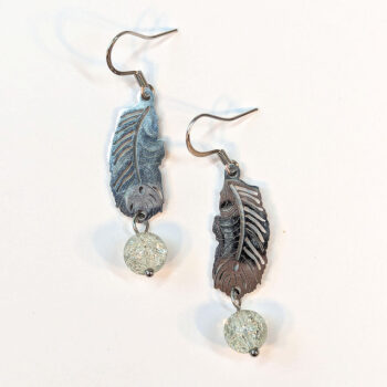 Silver Stainless Steel Leaf Feather Glass Ball Earrings - Image 3