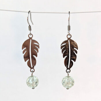 Silver Stainless Steel Leaf With Glass Ball Earrings - Image 5