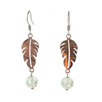 Silver Stainless Steel Leaf With Glass Ball Earrings