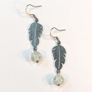 Silver Stainless Steel Leaf With Glass Ball Earrings - Image 4