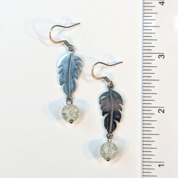 Silver Stainless Steel Leaf With Glass Ball Earrings - Image 3