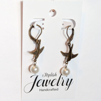 Flying Sparrow Bird Antique Bronze Pearl Earrings - Image 5
