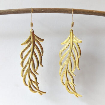 Gold Large Modern Lightweight Filigree Leaf Earrings - Image 2