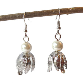 Silver Tulip Drop Flower Earrings with Pearl