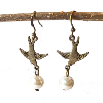 Flying Sparrow Bird Antique Bronze Pearl Earrings