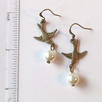 Flying Sparrow Bird Antique Bronze Pearl Earrings - Image 2