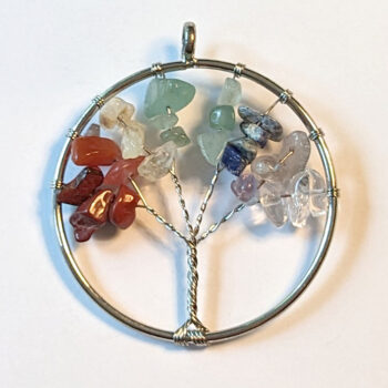 Large Rainbow Gemstone Tree of Life Wire Wrap Pendant Silver