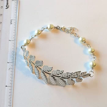 Silver Large Fern Leaf Branch White Beads Bracelet - Image 3