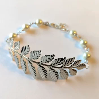 Silver Large Fern Leaf Branch White Beads Bracelet - Image 2