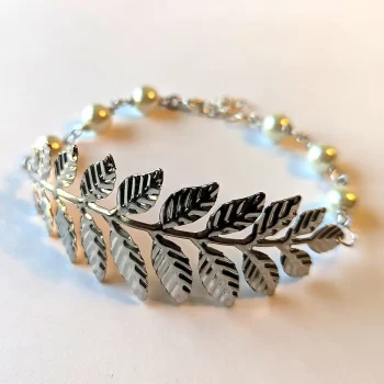 Silver Large Fern Leaf Branch White Beads Bracelet