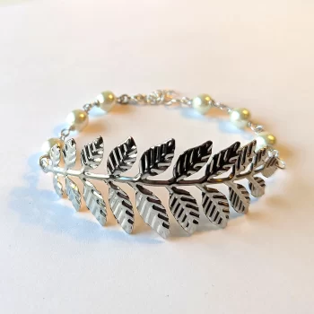 Silver Large Fern Leaf Branch White Beads Bracelet - Image 4