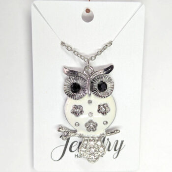 Silver Large White Enamel Rhinestones Owl Necklace - Image 5