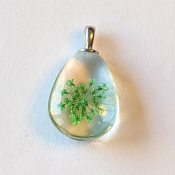 Teardrop Real Dried Green Flowers Glass Pendant Silver