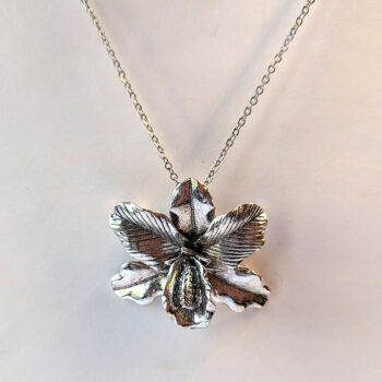 Antique Silver Large Orchid Flower Pendant Necklace