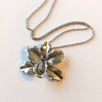 Antique Silver Large Orchid Flower Pendant Necklace - Image 2