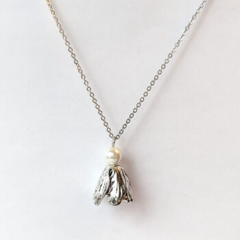 Flower Petal Drop Pendant Antique Silver Necklace With Pearl - Image 4