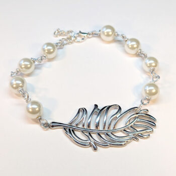 Silver Stainless Steel Feather White Beads Bracelet