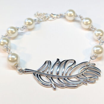 Silver Stainless Steel Feather White Beads Bracelet - Image 4