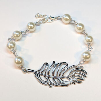 Silver Stainless Steel Feather White Beads Bracelet - Image 3