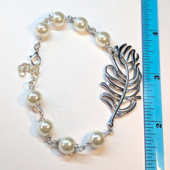 Silver Stainless Steel Feather White Beads Bracelet - Image 2