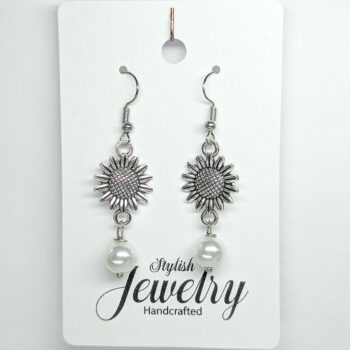 Antique Silver Sunflower Flower Earrings with Pearl - Image 4