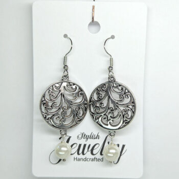 Antique Silver Round Branch Vine With Pearl Earrings - Image 5