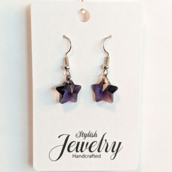 Small Purple Glass Rhinestone Star Silver Earrings - Image 3