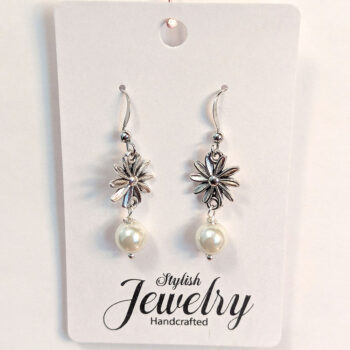 Antique Silver Daisy Flower Earrings with Pearl - Image 3