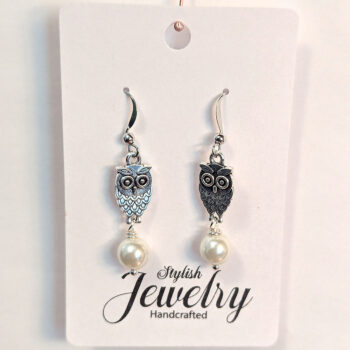 Small Owl Antique Silver Pearl Earrings - Image 5