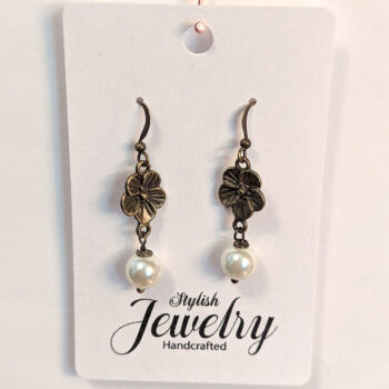 Dainty Flower Antique Bronze Pearl Earrings - Image 2