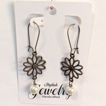 Antique Bronze Hollow Daisy Flower Earrings with Pearl - Image 5