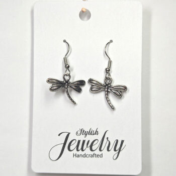 Small Dragonfly Curved Tail Antique Silver Earrings - Image 4