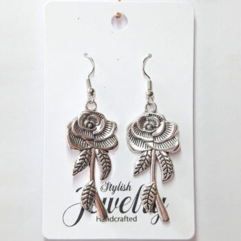 Antique Silver Long Stem Rose Flowers Earrings - Image 3