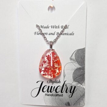 Teardrop Real Dried Red Flowers Glass Necklace Silver - Image 5