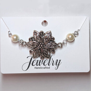 Antique Silver Flower White Beads Bracelet - Image 5