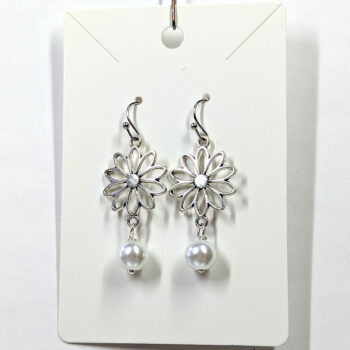 Antique Silver Hollow Daisy Flower Earrings with Pearl - Image 5