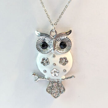 Silver Large White Enamel Rhinestones Owl Necklace