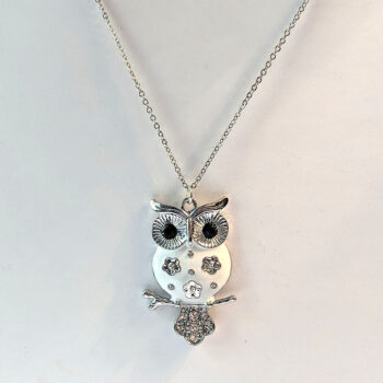 Silver Large White Enamel Rhinestones Owl Necklace - Image 4