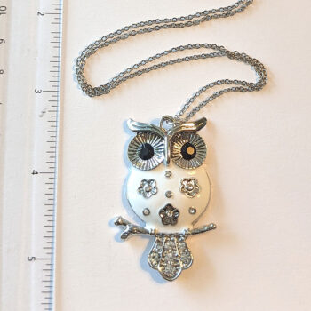 Silver Large White Enamel Rhinestones Owl Necklace - Image 3